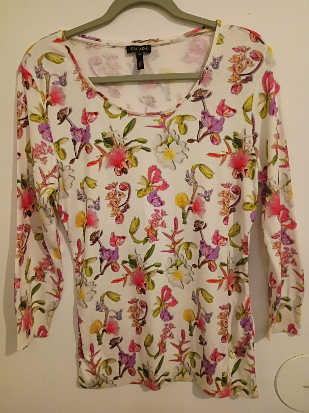 Escada Women's Cream Floral Scoop-Neck Women's Modal Blend Sweater Sz M